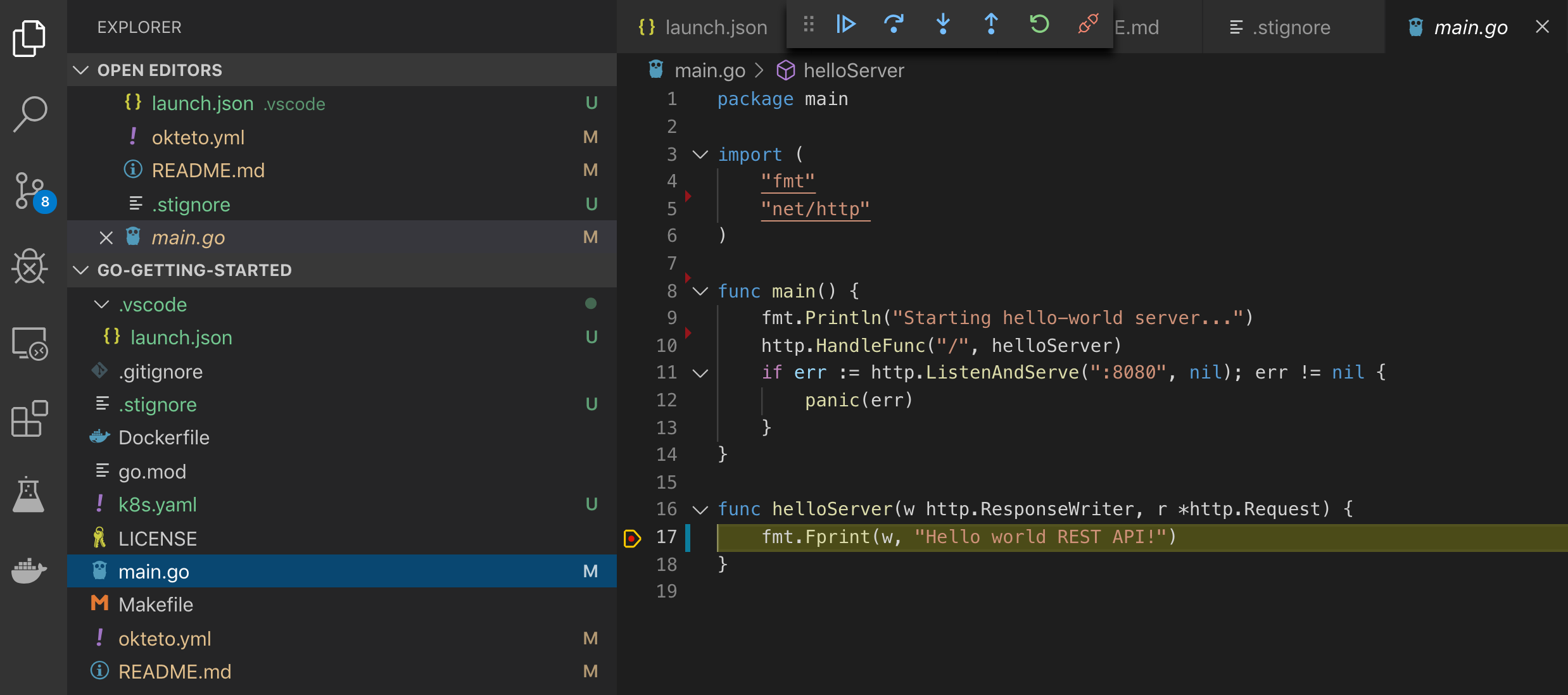 VS Code editor with main.go open and a line highlighted in the helloServer function
