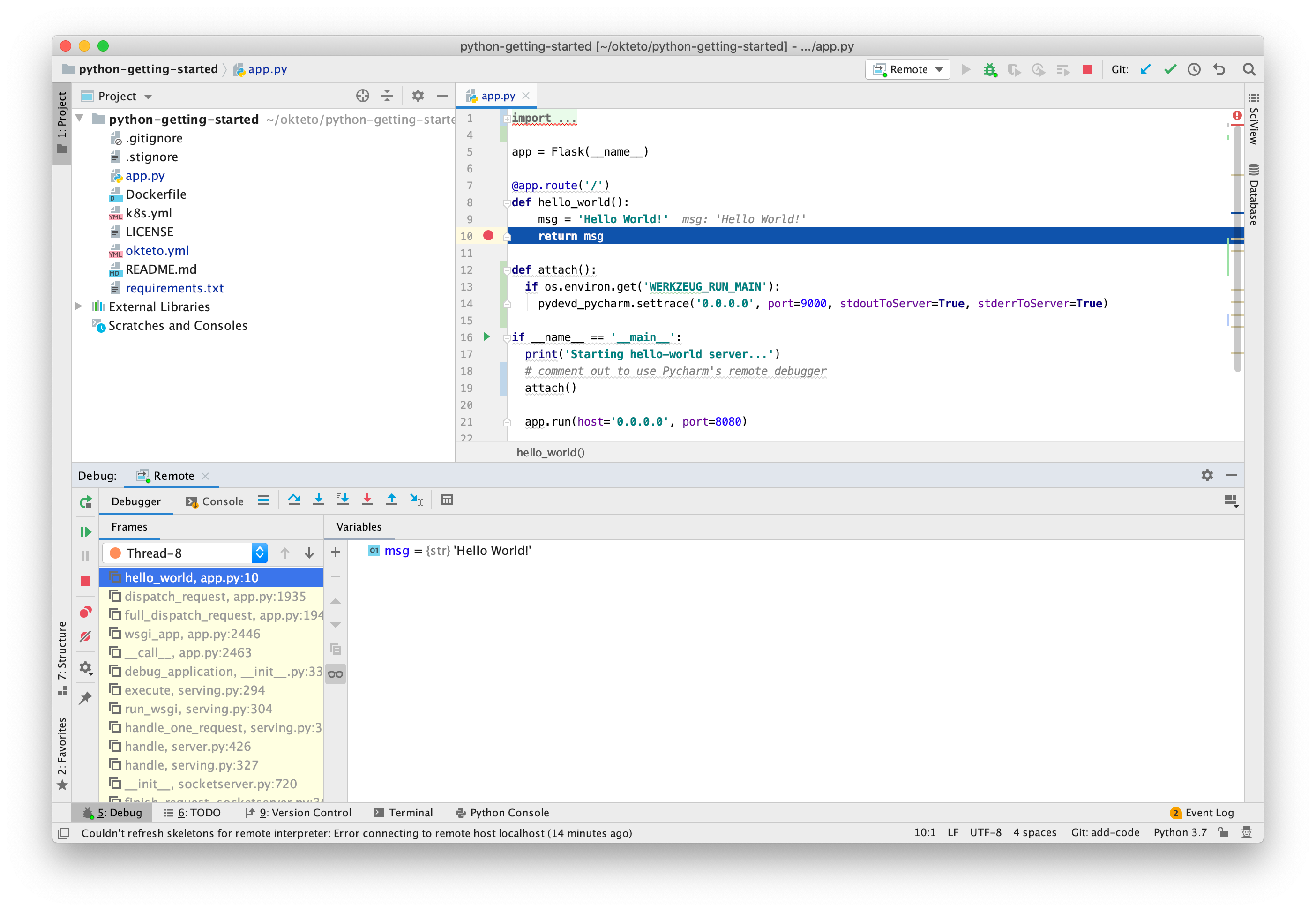 PyCharm IDE paused at a breakpoint on line 10 of app.py, showing the call stack and variable inspector