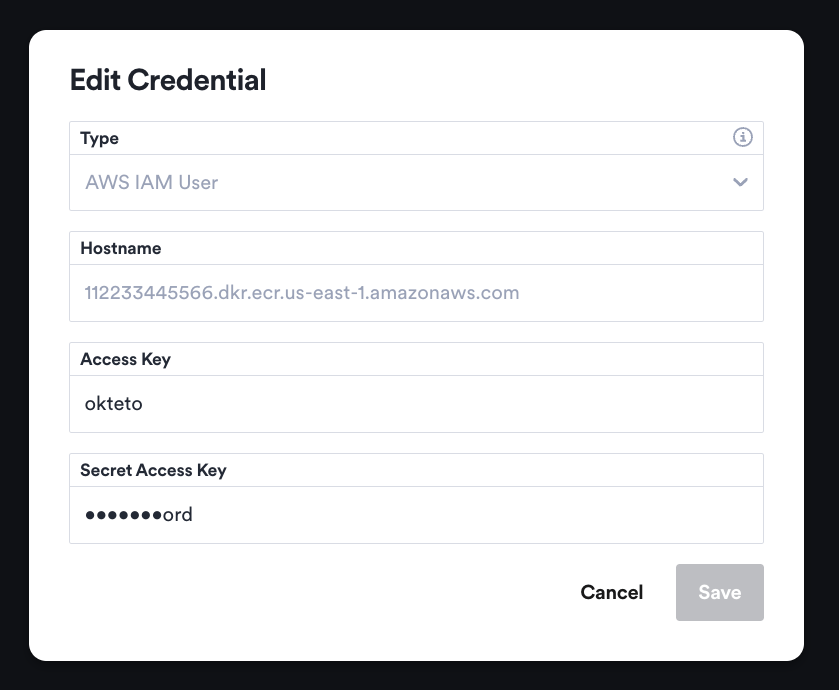 Edit Credential dialog for an AWS IAM User registry with partially masked secret fields