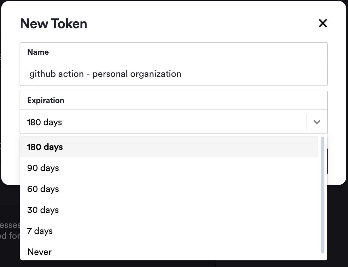 New Token dialog with name and expiration dropdown fields