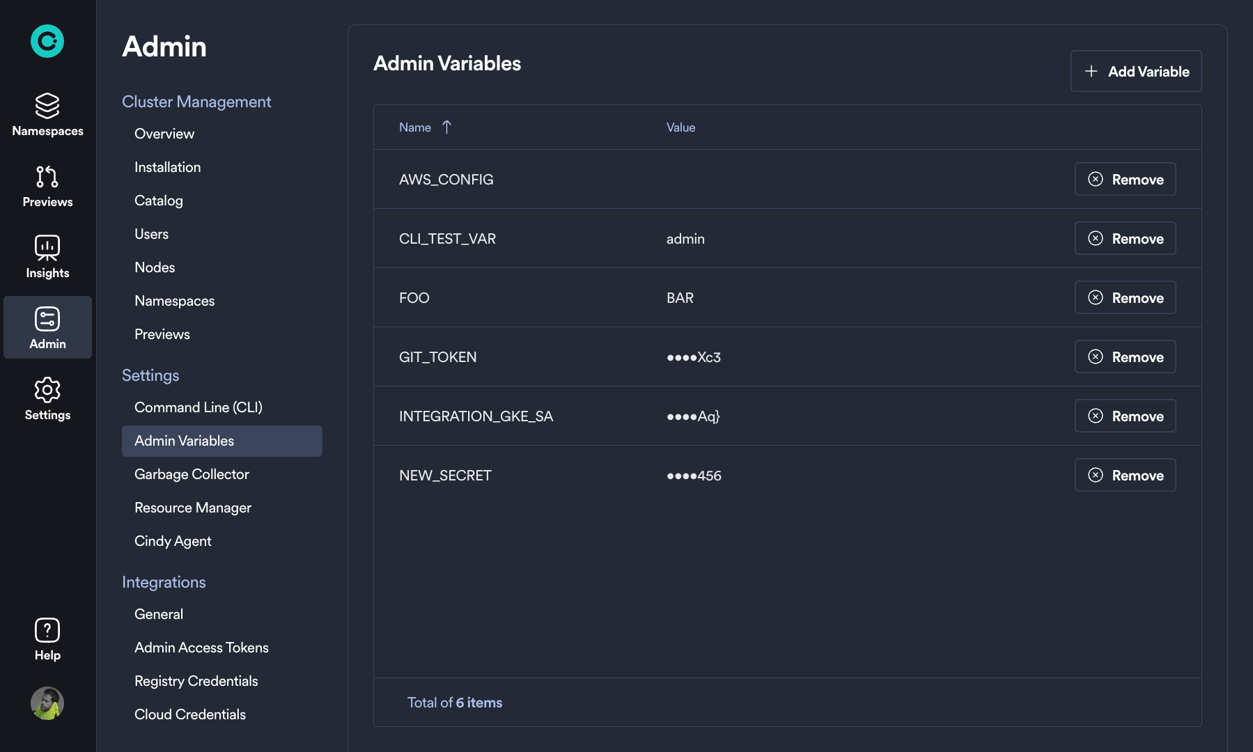 Admin Dashboard showing the Admin Variables page with a table of variables and Remove buttons